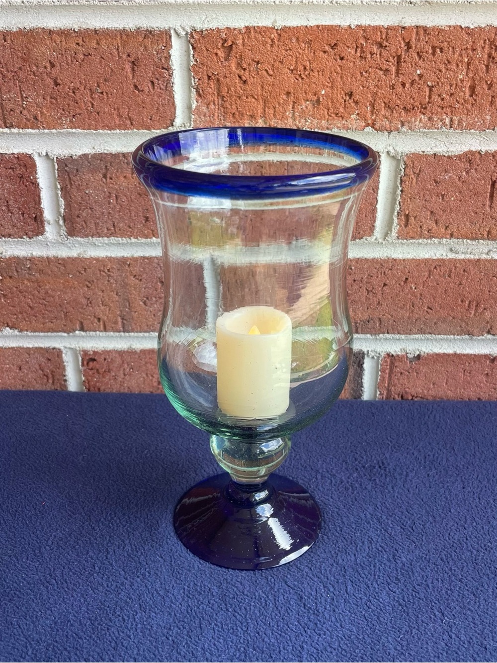 Elegant Cobalt Blue-Rim Hurricane Glass Candle Vase with Pedestal